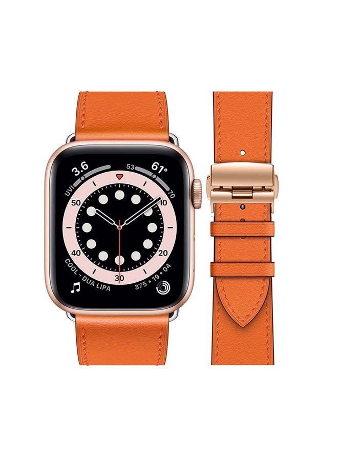 Perfii Genuine Leather Replacement Band with Golden Buckle for Apple Watch Series 6/SE/5/4/3/2/1 44/42mm Orange - Image 2