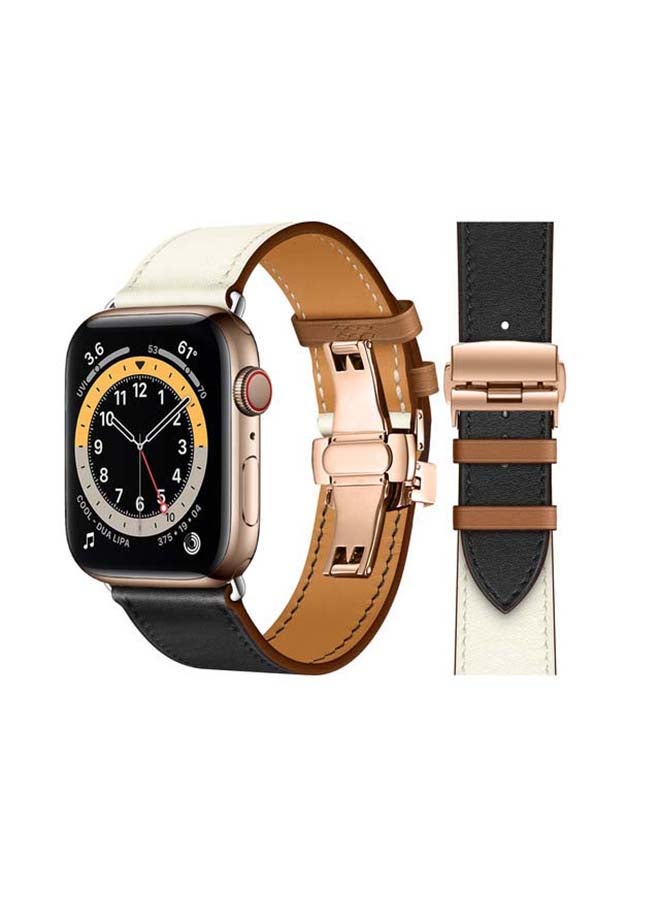 Perfii Genuine Leather Replacement Band with Golden Buckle for Apple Watch Series 6/SE/5/4/3/2/1 44/42mm White/Black