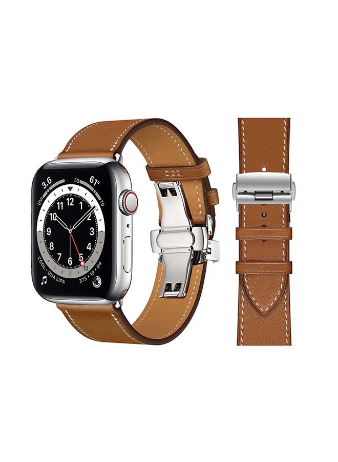 Perfii - Genuine Leather Replacement Band with Silver Buckle for Apple Watch Series 6/SE/5/4/3/2/1 44/42mm Supreme Brown - Image 1
