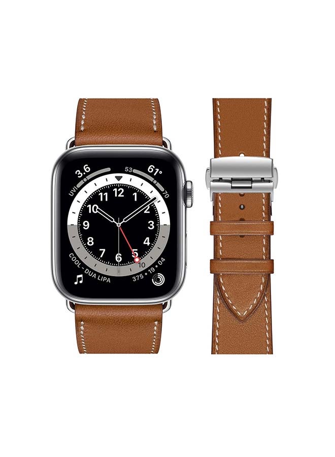 Perfii - Genuine Leather Replacement Band with Silver Buckle for Apple Watch Series 6/SE/5/4/3/2/1 44/42mm Supreme Brown - Image 1