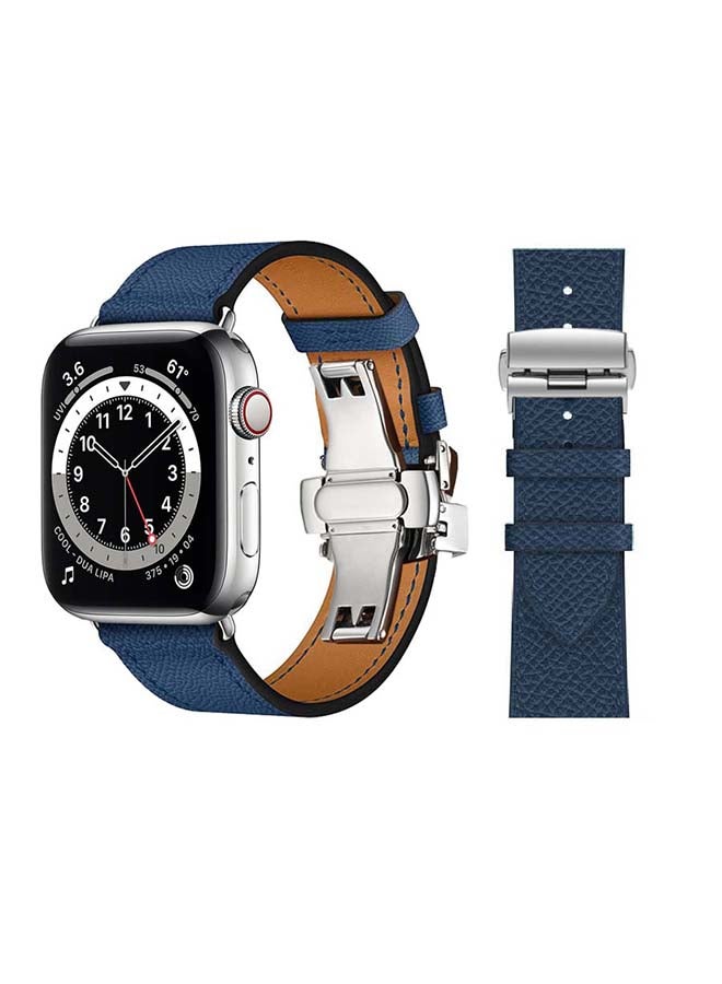 Perfii - Genuine Leather Replacement Band with Silver Buckle for Apple Watch Series 6/SE/5/4/3/2/1 44/42mm Royal Blue - Image 1