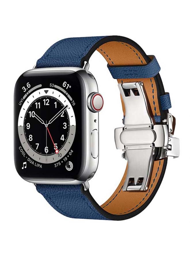 Perfii - Genuine Leather Replacement Band with Silver Buckle for Apple Watch Series 6/SE/5/4/3/2/1 44/42mm Royal Blue - Image 1