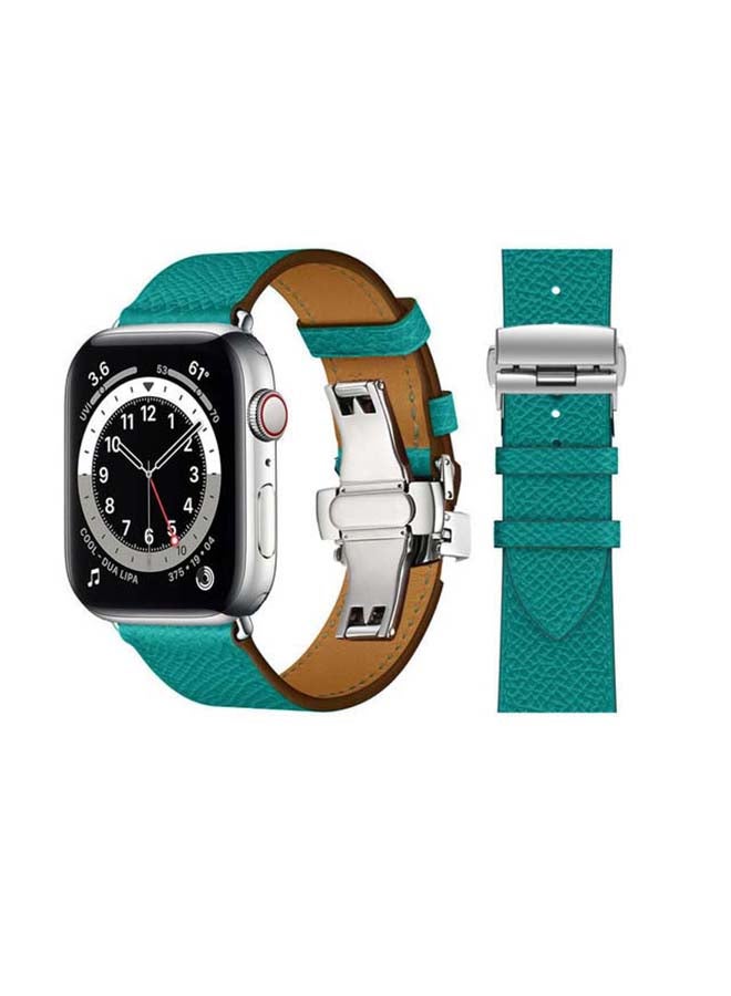 Perfii - Genuine Leather Replacement Band with Silver Buckle for Apple Watch Series 6/SE/5/4/3/2/1 44/42mm Green - Image 1