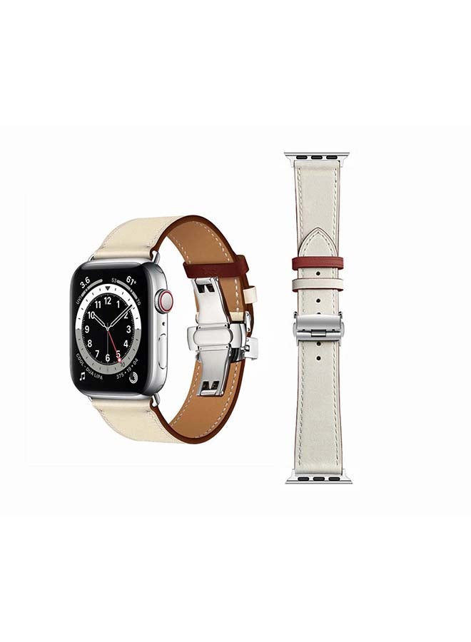 Perfii - Genuine Leather Replacement Band with Silver Buckle for Apple Watch Series 6/SE/5/4/3/2/1 44/42mm Beige - Image 1
