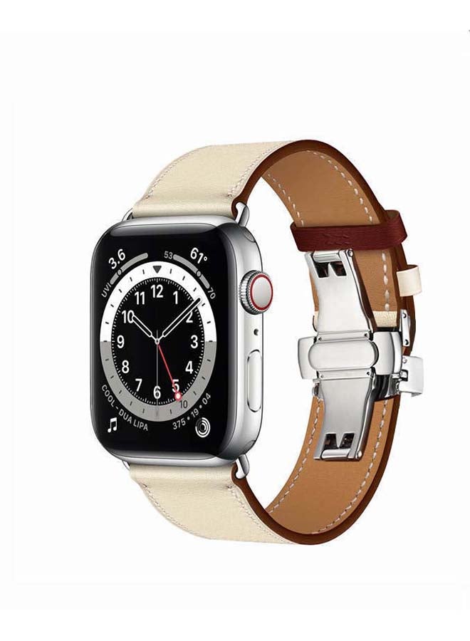 Perfii - Genuine Leather Replacement Band with Silver Buckle for Apple Watch Series 6/SE/5/4/3/2/1 44/42mm Beige - Image 1