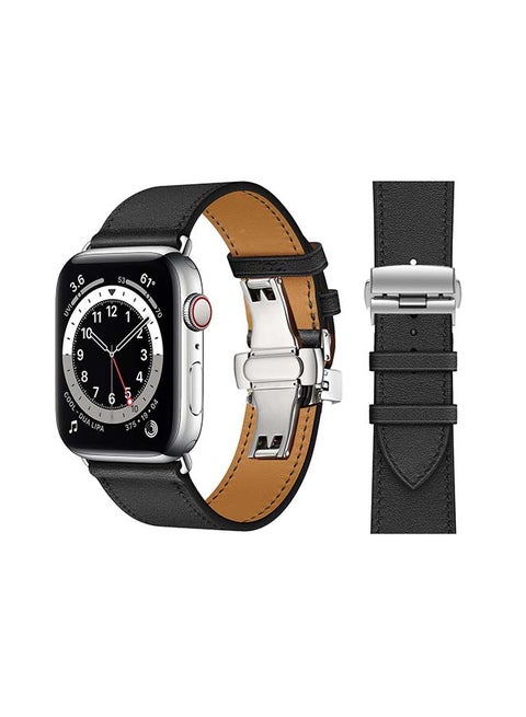 Genuine Leather Replacement Band with Silver Buckle for Apple Watch Series 6/SE/5/4/3/2/1 44/42mm Black