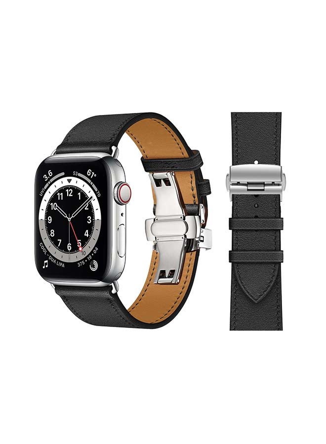 Perfii - Genuine Leather Replacement Band with Silver Buckle for Apple Watch Series 6/SE/5/4/3/2/1 44/42mm Black - Image 1