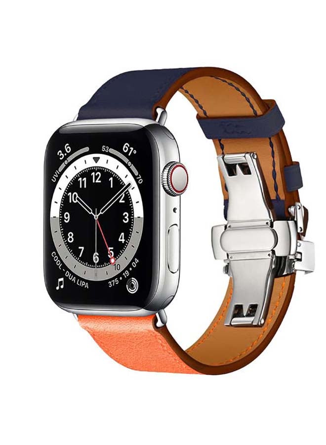 Perfii Genuine Leather Replacement Band with Silver Buckle for Apple Watch Series 6/SE/5/4/3/2/1 44/42mm Dark Grey/Orange - Image 2