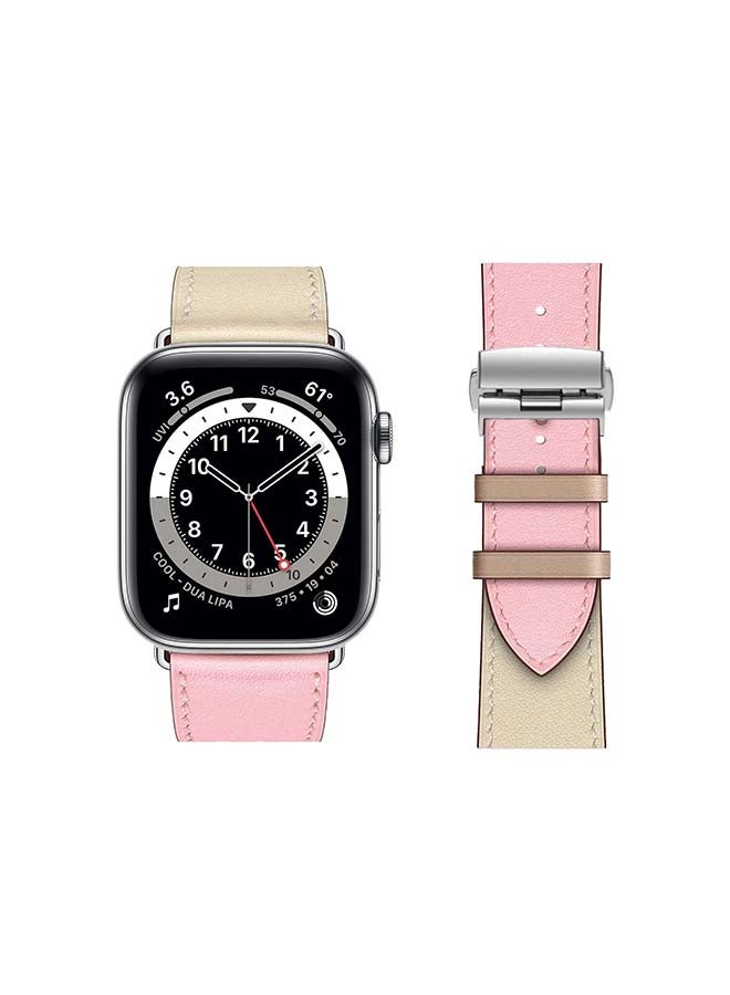 Perfii - Genuine Leather Replacement Band with Silver Buckle for Apple Watch Series 6/SE/5/4/3/2/1 44/42mm Pink/Beige - Image 1