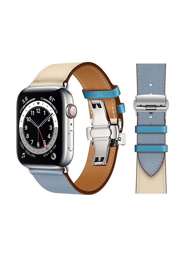 Perfii Genuine Leather Replacement Band with Silver Buckle for Apple Watch Series 6/SE/5/4/3/2/1 44/42mm Blue/Beige - Image 1