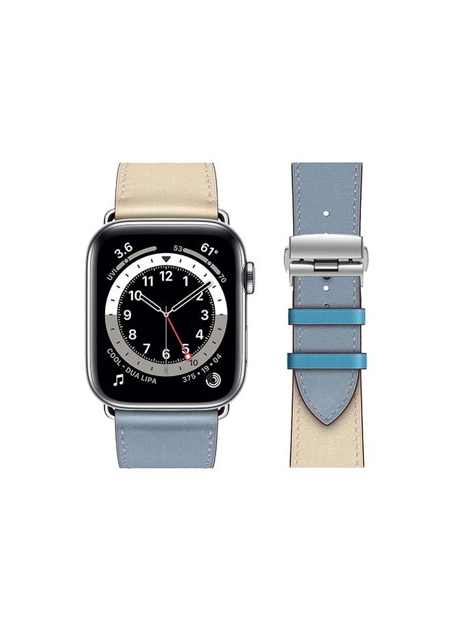 Perfii Genuine Leather Replacement Band with Silver Buckle for Apple Watch Series 6/SE/5/4/3/2/1 44/42mm Blue/Beige - Image 2