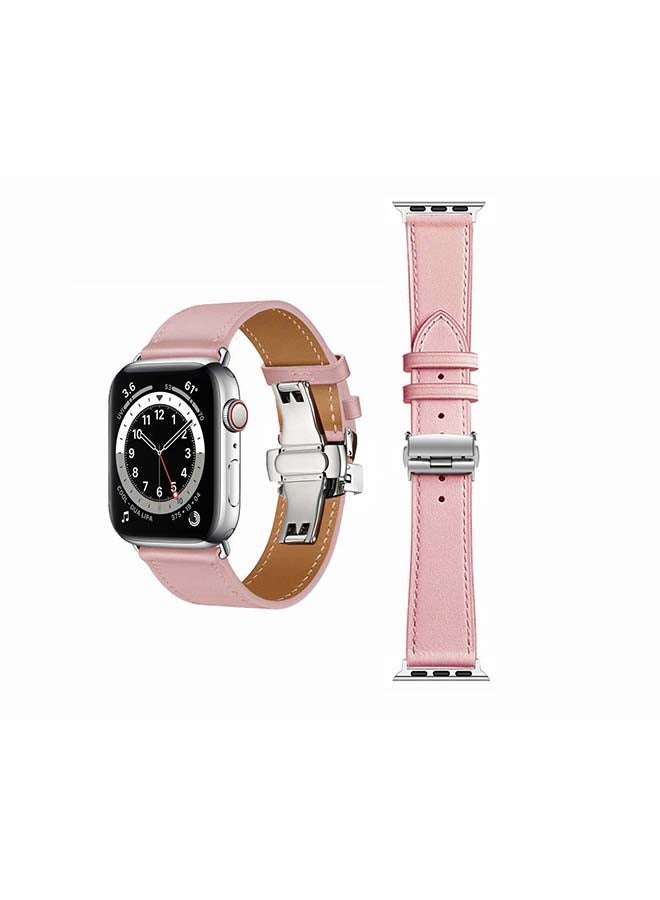 Perfii - Genuine Leather Replacement Band with Silver Buckle for Apple Watch Series 6/SE/5/4/3/2/1 44/42mm Pink - Image 1