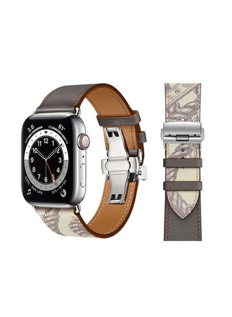 Genuine Leather Replacement Band with Silver Buckle for Apple Watch Series 6/SE/5/4/3/2/1 44/42mm Grey/White