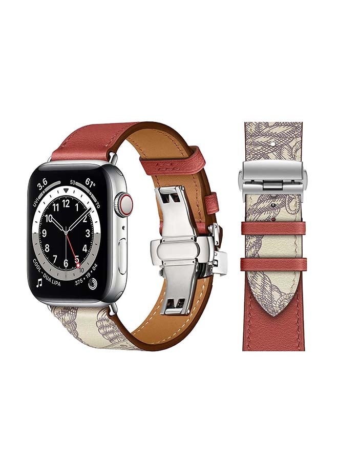 Perfii - Genuine Leather Replacement Band with Silver Buckle for Apple Watch Series 6/SE/5/4/3/2/1 44/42mm Red/White - Image 1