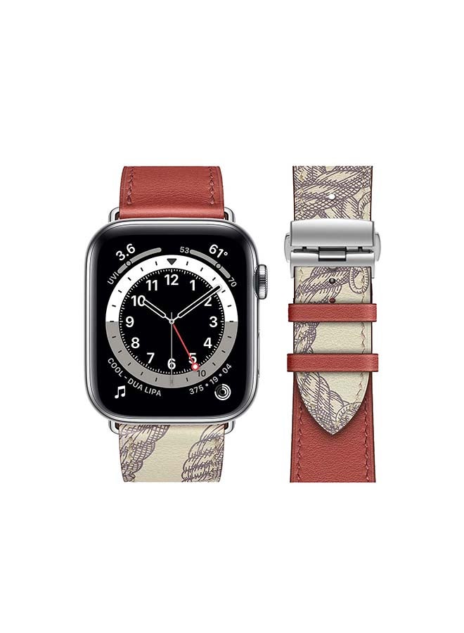 Perfii - Genuine Leather Replacement Band with Silver Buckle for Apple Watch Series 6/SE/5/4/3/2/1 44/42mm Red/White - Image 1
