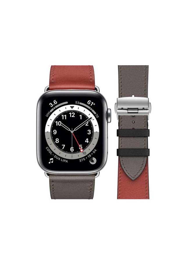 Perfii Genuine Leather Replacement Band with Silver Buckle for Apple Watch Series 6/SE/5/4/3/2/1 44/42mm Red/Grey - Image 2