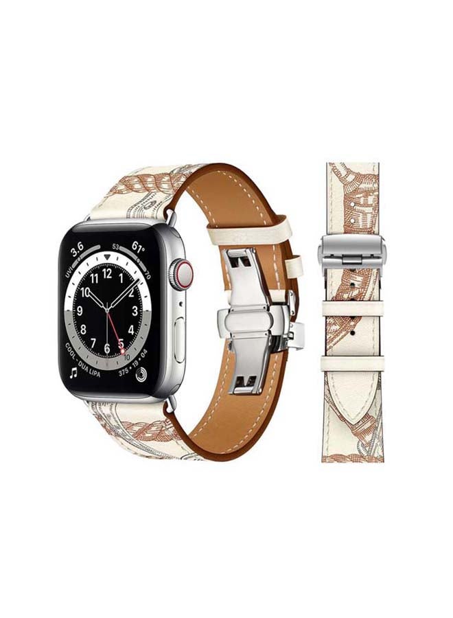 Perfii - Genuine Leather Replacement Band with Silver Buckle for Apple Watch Series 6/SE/5/4/3/2/1 44/42mm Brown/White - Image 1