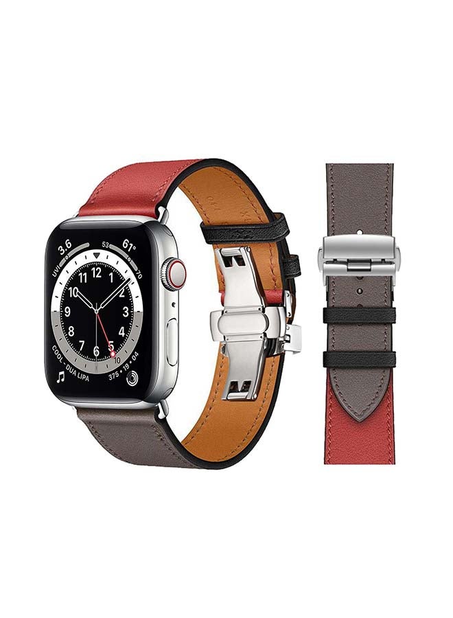 Perfii Genuine Leather Replacement Band with Silver Buckle for Apple Watch Series 6/SE/5/4/3/2/1 44/42mm Red/Grey - Image 1