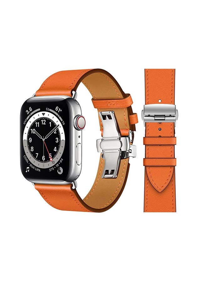 Perfii - Genuine Leather Replacement Band with Silver Buckle for Apple Watch Series 6/SE/5/4/3/2/1 44/42mm Orange - Image 1