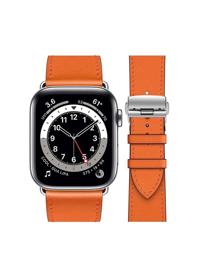 Perfii - Genuine Leather Replacement Band with Silver Buckle for Apple Watch Series 6/SE/5/4/3/2/1 44/42mm Orange - Image 1