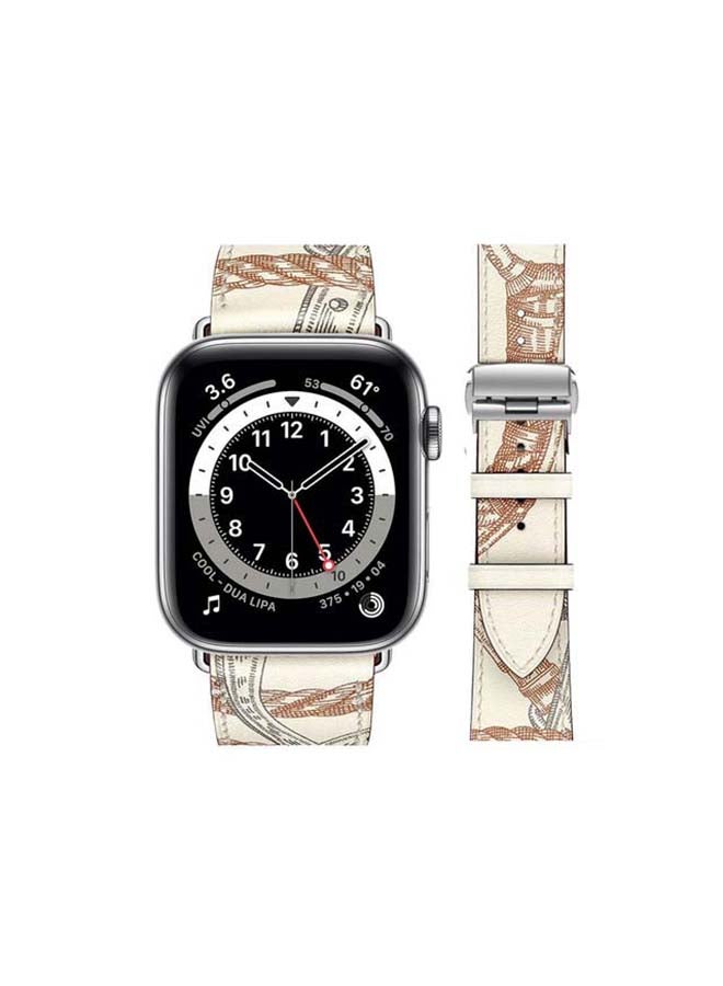 Perfii - Genuine Leather Replacement Band with Silver Buckle for Apple Watch Series 6/SE/5/4/3/2/1 44/42mm Brown/White - Image 1