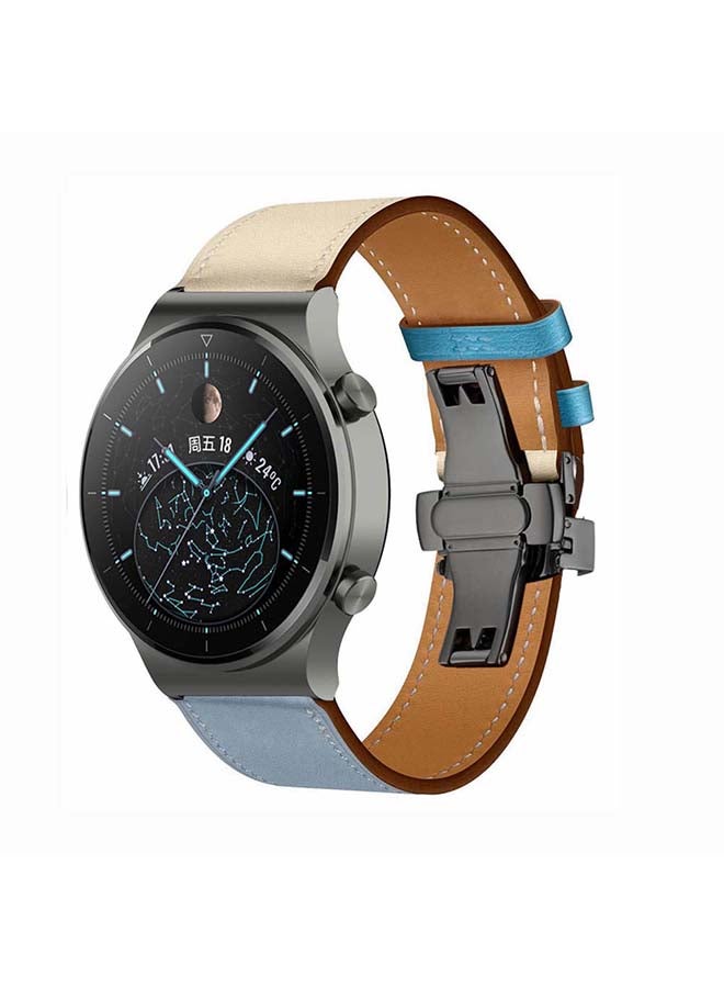 Perfii Genuine Leather Replacement Band 22mm For Huawei Watch GT2 Pro Blue/Beige - Image 2