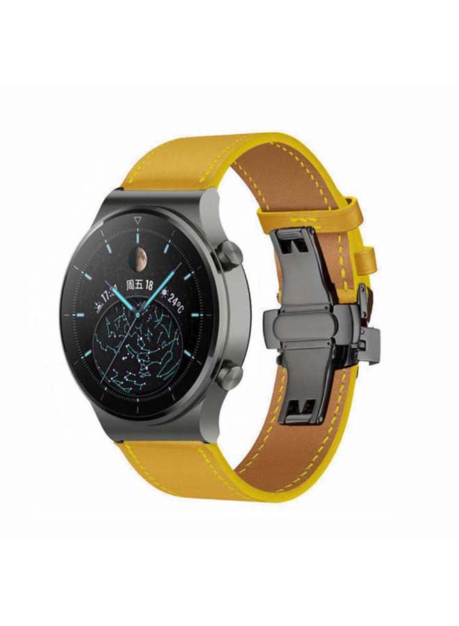 Perfii Genuine Leather Replacement Band 22mm For Huawei Watch GT2 Pro Yellow - Image 2