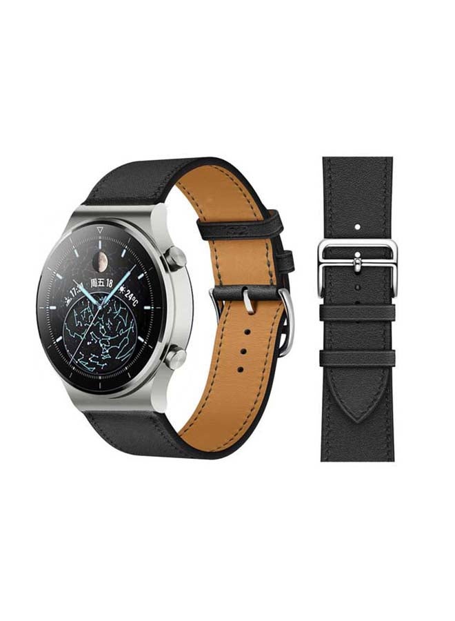 Perfii Genuine Leather Replacement Band For Huawei Watch GT2 Pro 22mm Black/Silver - Image 1