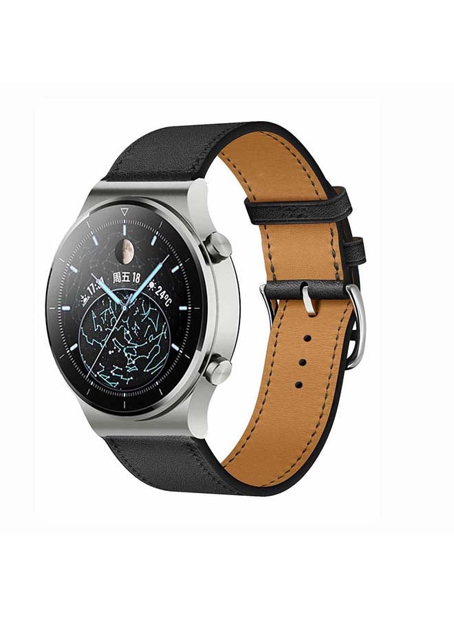 Perfii Genuine Leather Replacement Band For Huawei Watch GT2 Pro 22mm Black/Silver - Image 2