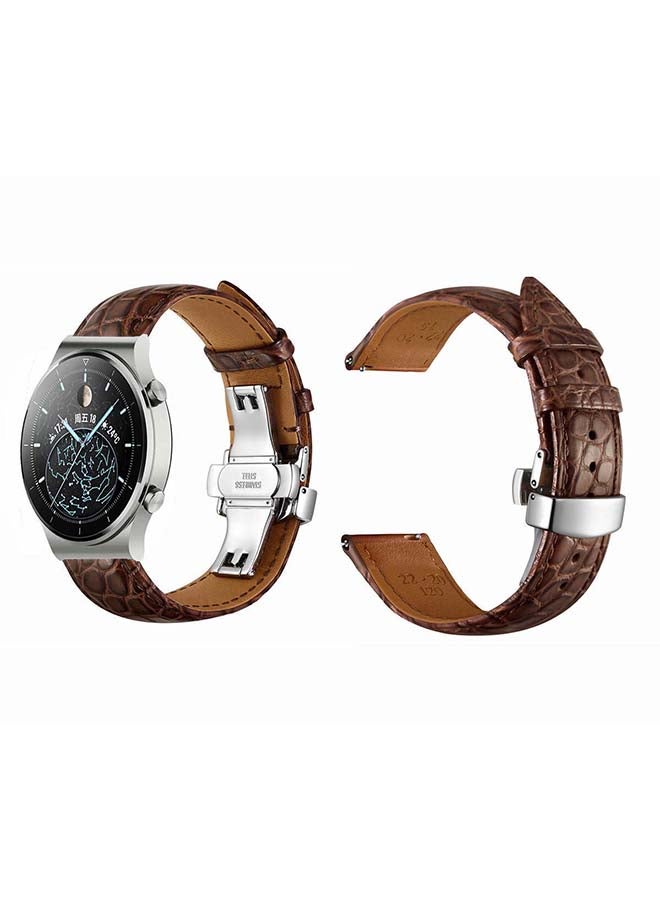 Perfii Genuine Alligator Leather Replacement Band For Huawei Watch GT2 Pro Brown/Silver - Image 2