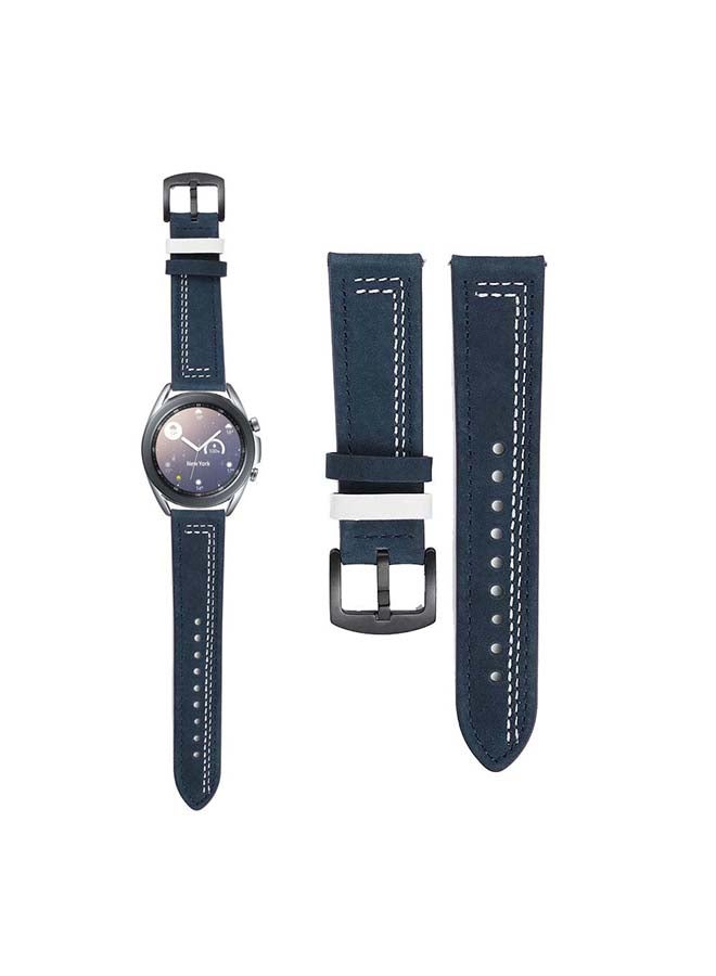 بيرفيي سوار بديل من الجلد الطبيعي بتصميم خطوط خياطة لساعة سامسونج جالاكسي 3 مقاس 41 مم أزرق/ أبيض - Image 1