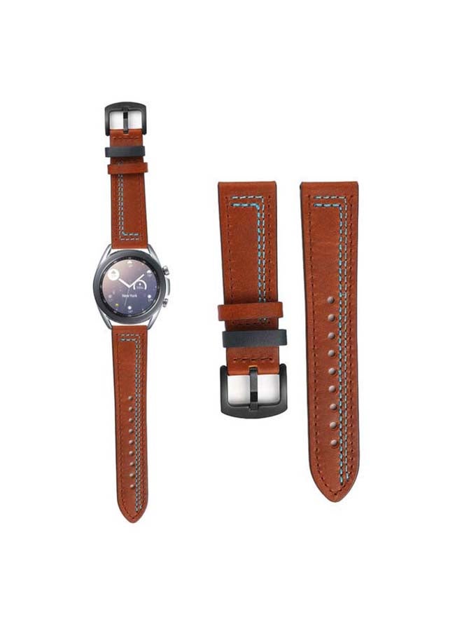 Perfii Stitch Lines Genuine Leather Replacement Band For Samsung Galaxy Watch3 41mm Brown/Blue - Image 1