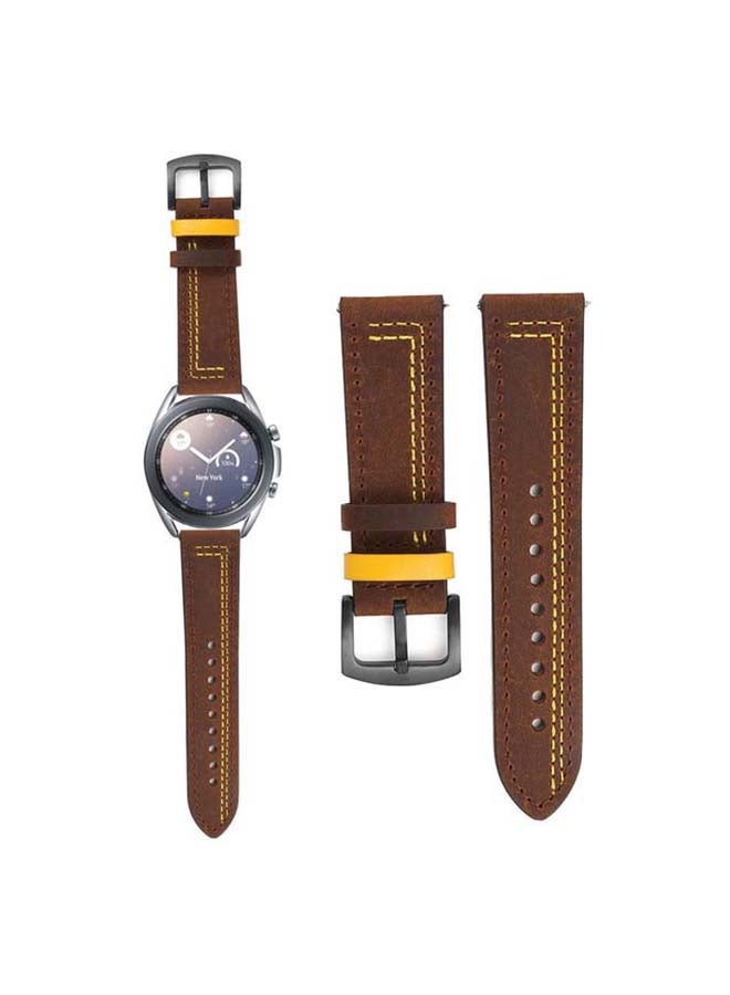 Perfii Stitch Lines Genuine Leather Replacement Band For Samsung Galaxy Watch3 41mm Brown/Yellow - Image 1