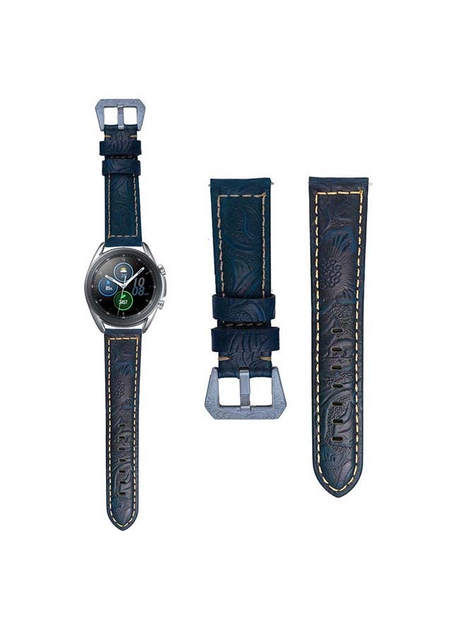 Perfii Engraved Genuine Leather Replacement Band for Samsung Galaxy Watch3 45mm Blue - Image 1