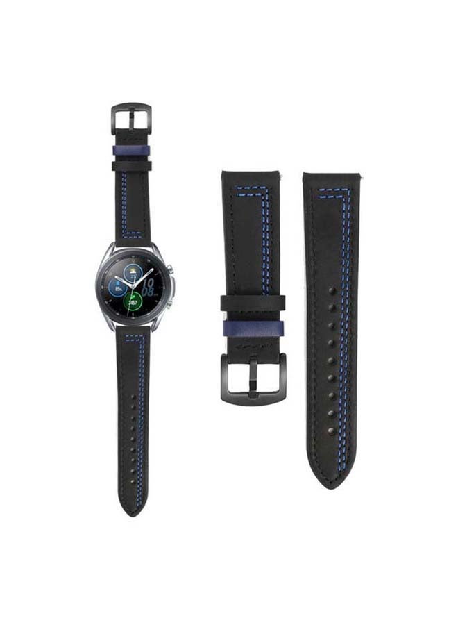 بيرفيي سوار بديل من الجلد الطبيعي بتصميم خطوط خياطة لساعة سامسونج جالاكسي 3 مقاس 45 مم أسود/أزرق - Image 1