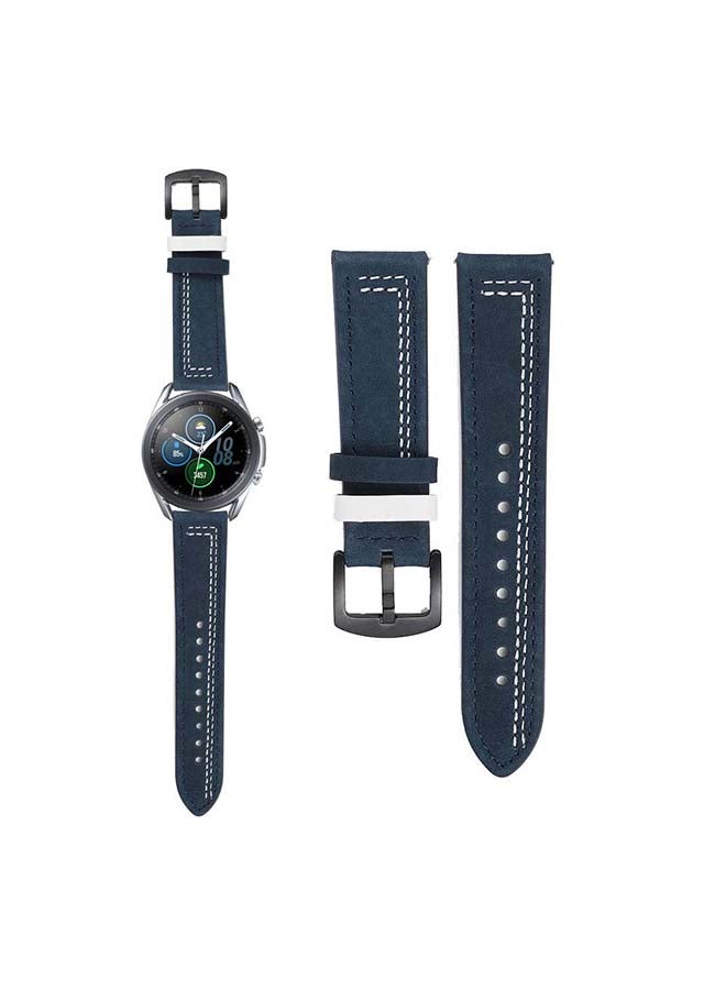 Perfii Stitch Lines Genuine Leather Replacement Band For Samsung Galaxy Watch3 45mm Blue/White - Image 2