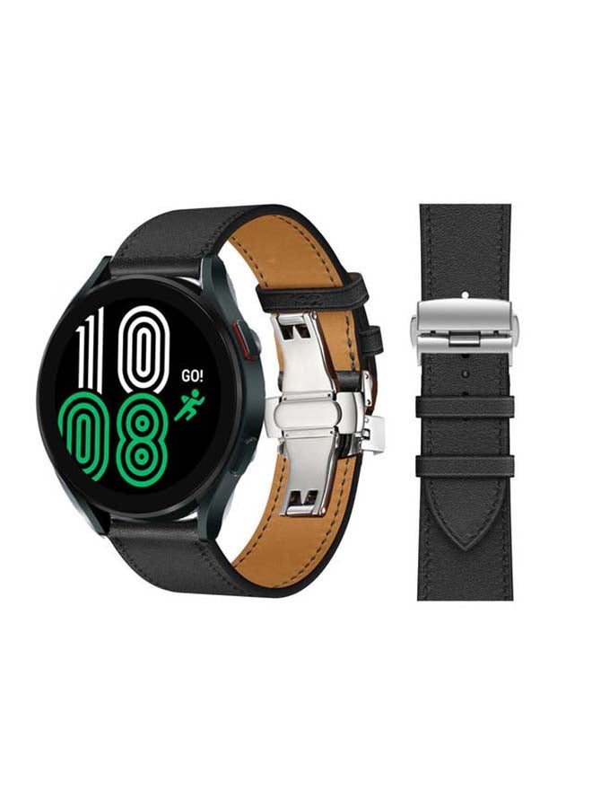 Perfii Genuine Leather Replacement Band for Samsung Galaxy Watch 4 40/44mm Supreme Black Silver - Image 1