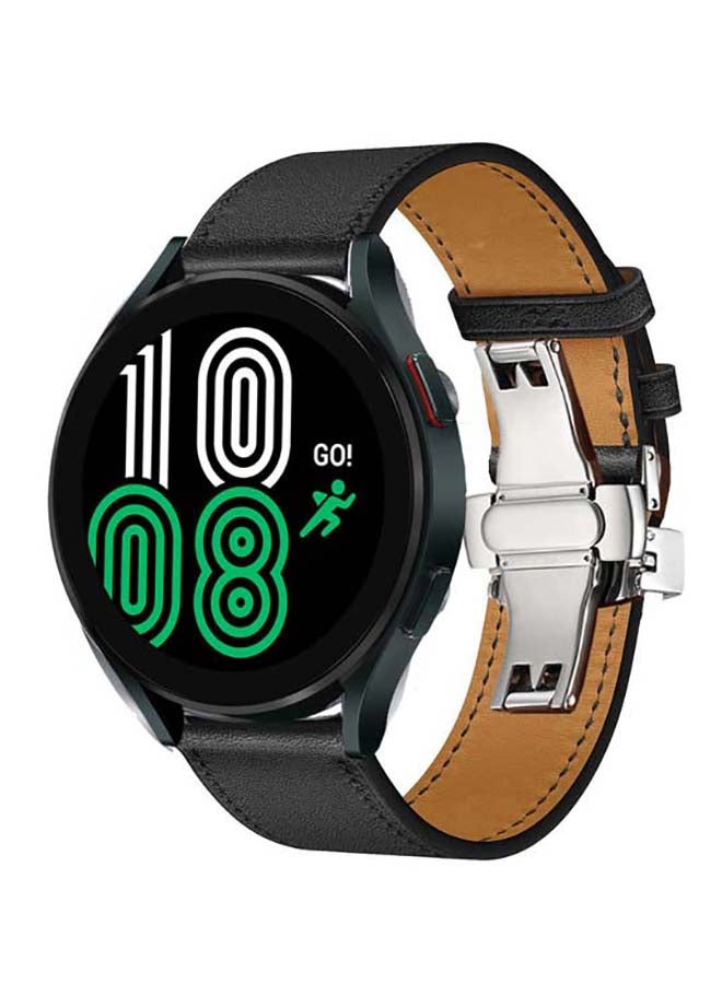 Perfii Genuine Leather Replacement Band for Samsung Galaxy Watch 4 40/44mm Supreme Black Silver - Image 2