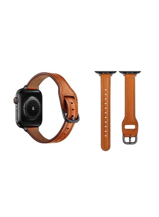 Perfii Buckle Tee Leather Replacement Band for Apple Watch Series 6/SE/5/4/3/2/1 44/42mm Brown  - Image 2