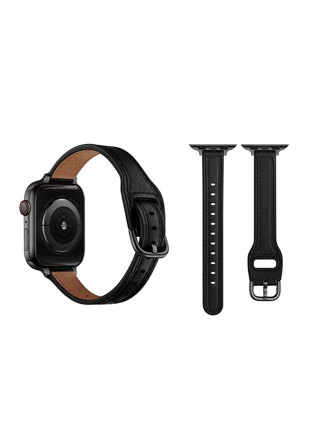 Perfii Buckle Tee Leather Replacement Band for Apple Watch Series 6/SE/5/4/3/2/1 40/38mm Black - Image 2