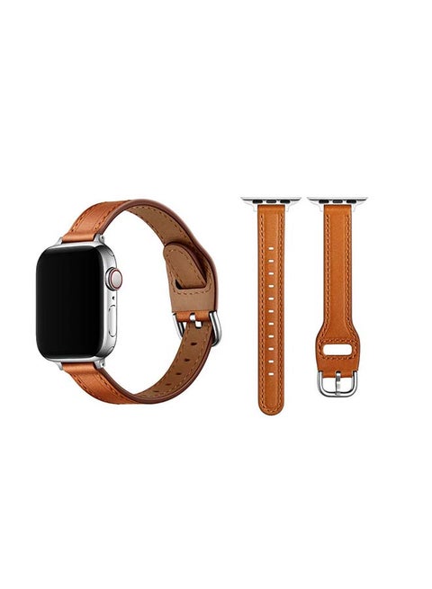Buckle Tee Leather Replacement Band For Apple Watch Series 6/SE/5/4/3/2/1 40/38mm Brown Silver