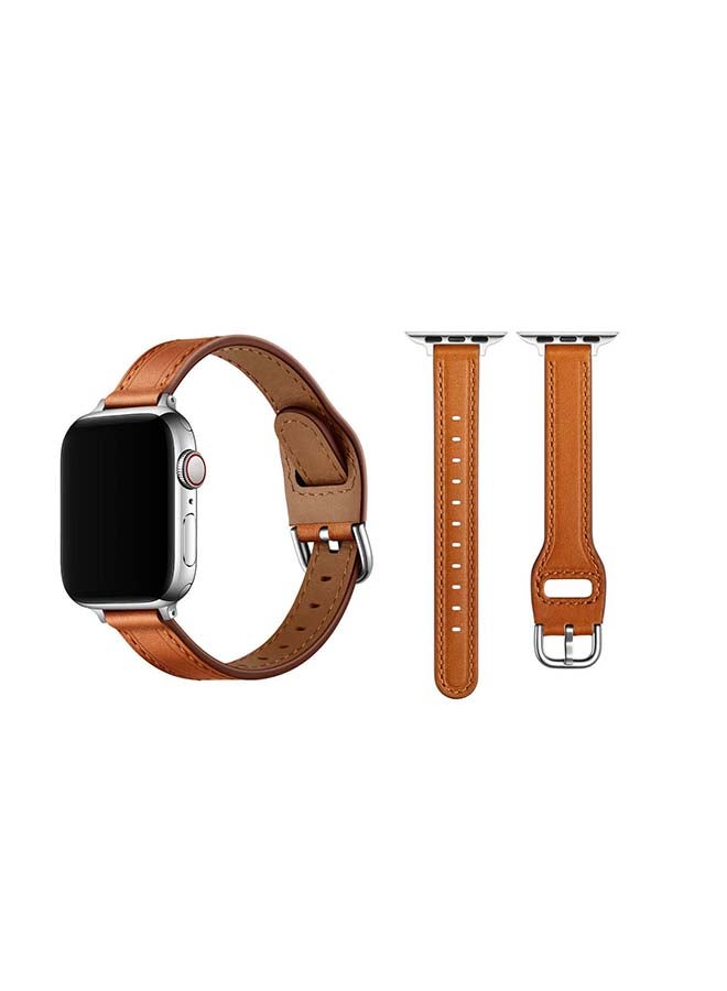 Perfii - Buckle Tee Leather Replacement Band For Apple Watch Series 6/SE/5/4/3/2/1 40/38mm Brown Silver - Image 1
