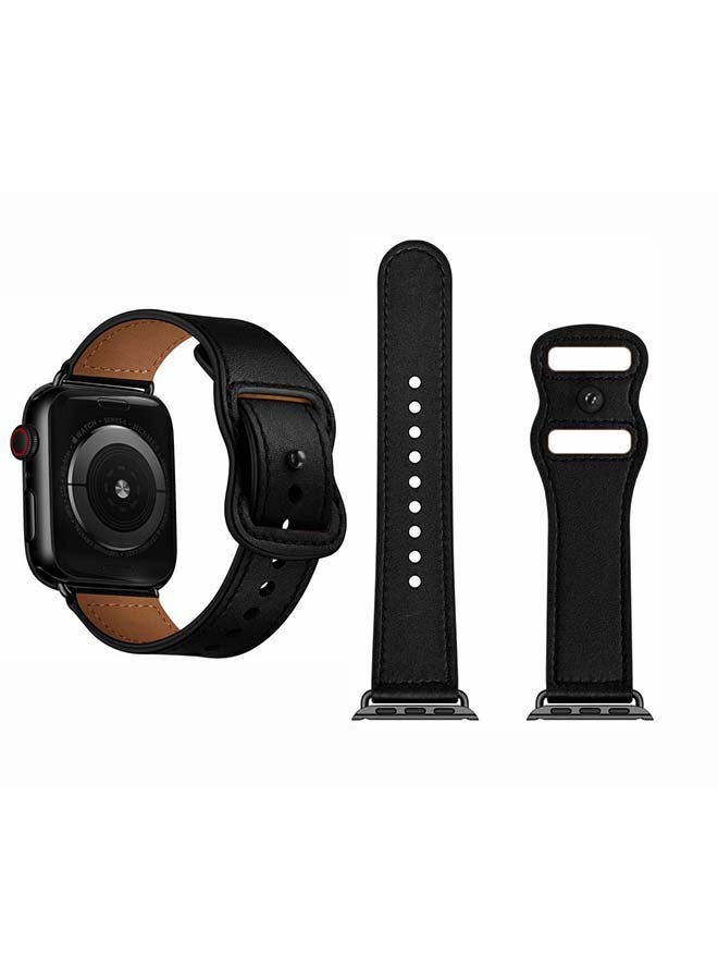 Perfii - Infinity Solid Leather Replacement Band for Apple Watch Series 1/2/3/4/5/6/SE 44/42mm Black - Image 1