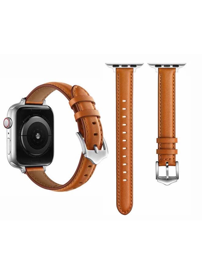 Perfii - Tee Leather Replacement Band for Apple Watch Series 1/2/3/4/5/6/SE 44/42mm Brown/Silver - Image 1
