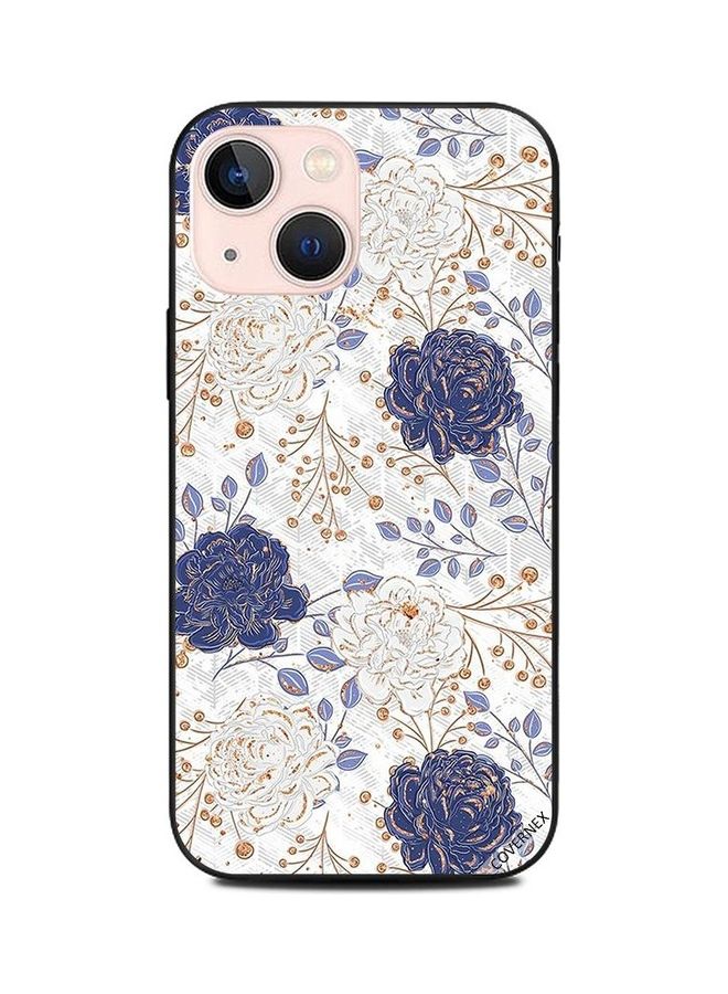 Covernex Apple iPhone 13 Mini Protective Case Cover Printed Featuring White & Blue Flowers Golden Buncgs Pattern DESIGN_0583 - Image 1