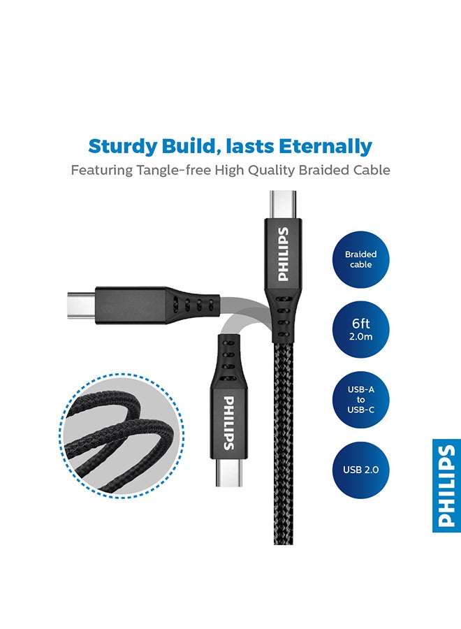 كابل مضفر محول من USB-A إلى USB-C بطول 2 متر أسود