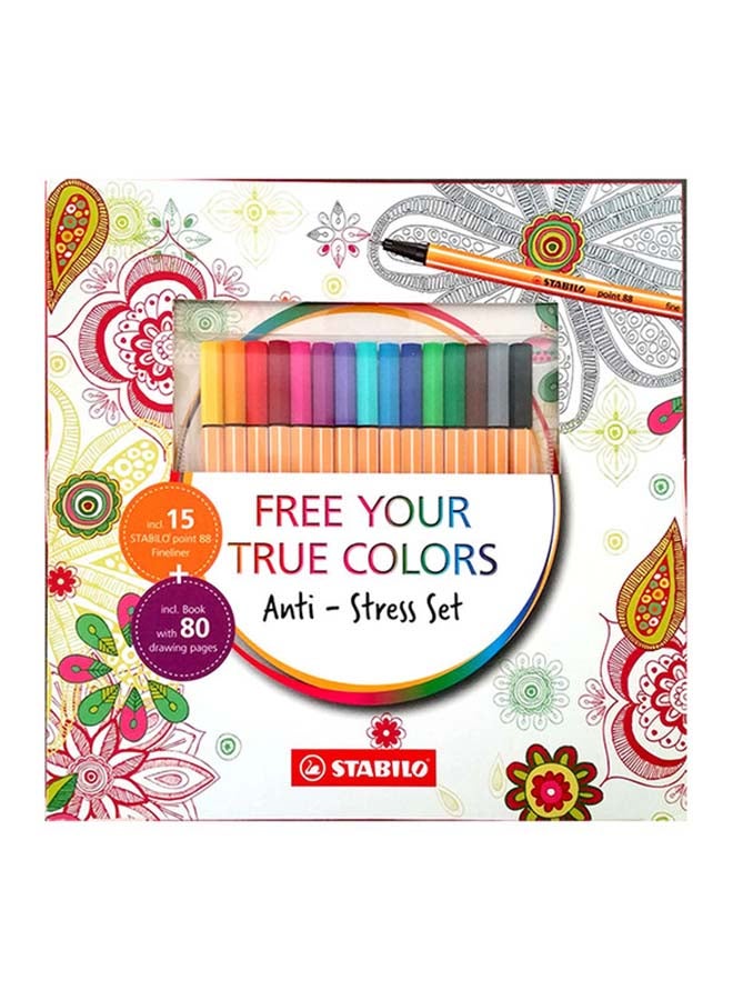 STABILO - Pack Of 15 Fineliner Pen Set With 80-Pages Anti-Stress Colouring Book Multicolour - Image 1