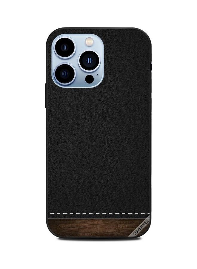 Covernex Protective Case Cover for Apple iPhone 13 Pro Black Leather & Wooden At Bottom - Image 1