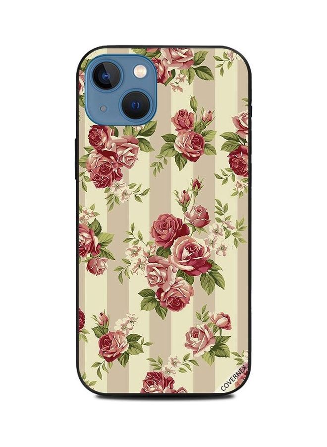 Covernex Apple iPhone 13 Protective Case Cover Printed Featuring Roses with Green Leaves Over Strips DESIGN_0548 - Image 1