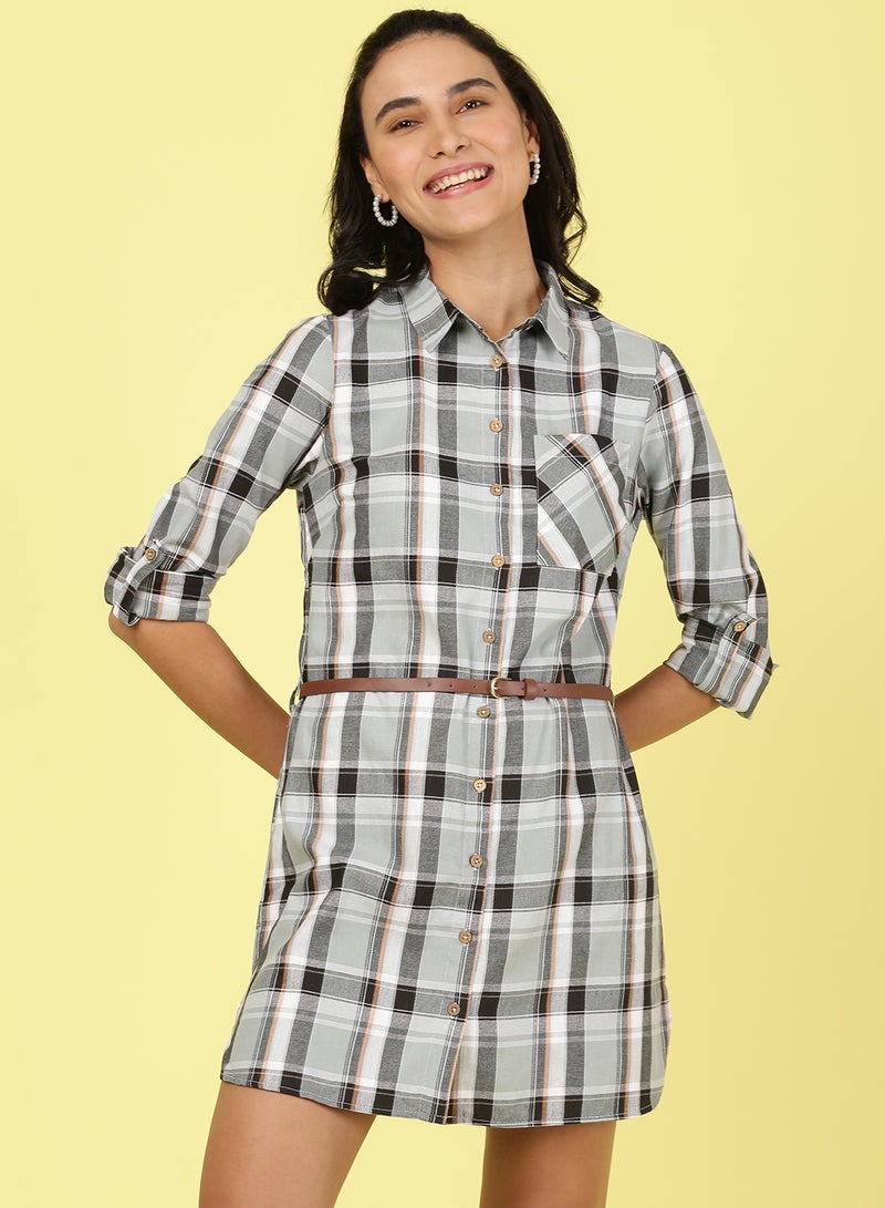 OFFROAD - Collared Neck Checkered Mini Dress Multicolour - Image 1
